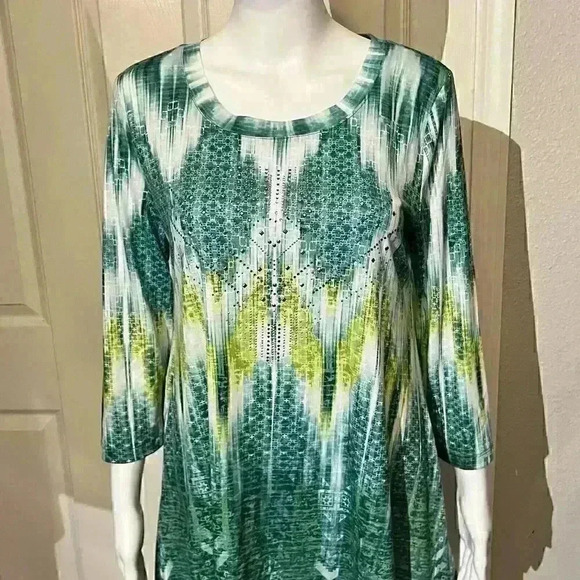 One World Womens 3/4 Sleeve Tunic Top Embellished Green Blouse Small - Picture 7 of 11